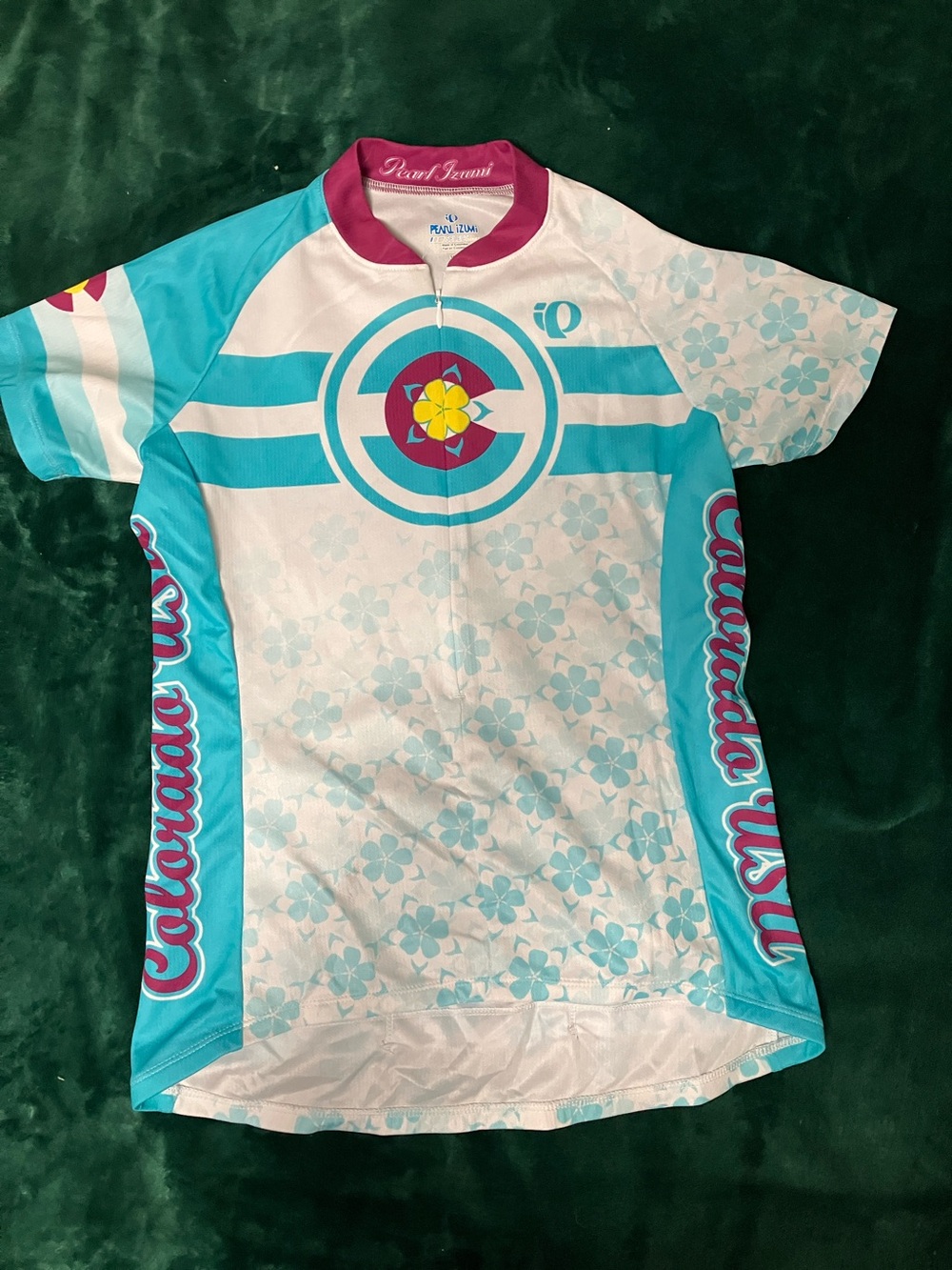 Pearl Izumi Women’s Turquoise, White & Magenta Colorado-Themed Bike Jersey